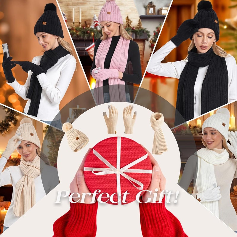 Coolprince Womens Long Scarf Gloves and Hat Set Cold Weather Hat Scarf Glove Set for Women Winter Beanie Hats with Pom Pom - Image 5